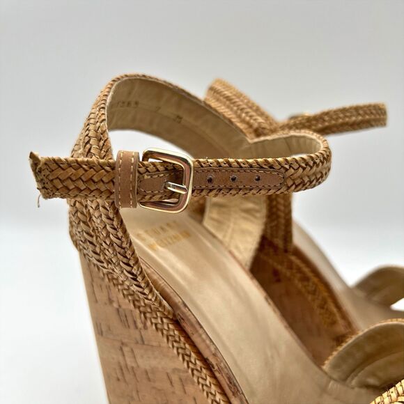 Stuart Weitzman Minx Tan Woven Leather Ankle Strap Cork Wedge Sandals Women’s 7 - Picture 7 of 16